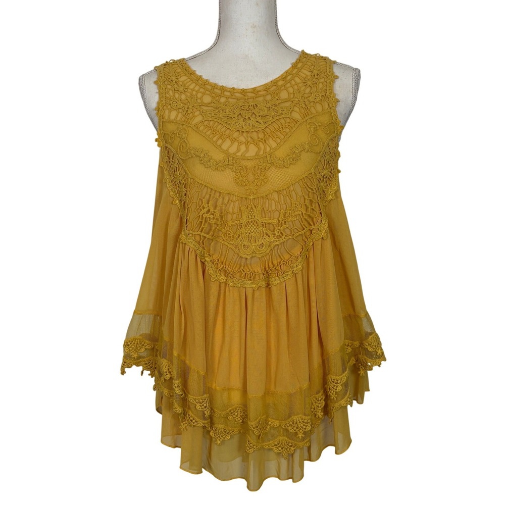 Boho Sleeveless Top Yellow Crochet Lace Tiered Mesh Hippie Festival SMALL